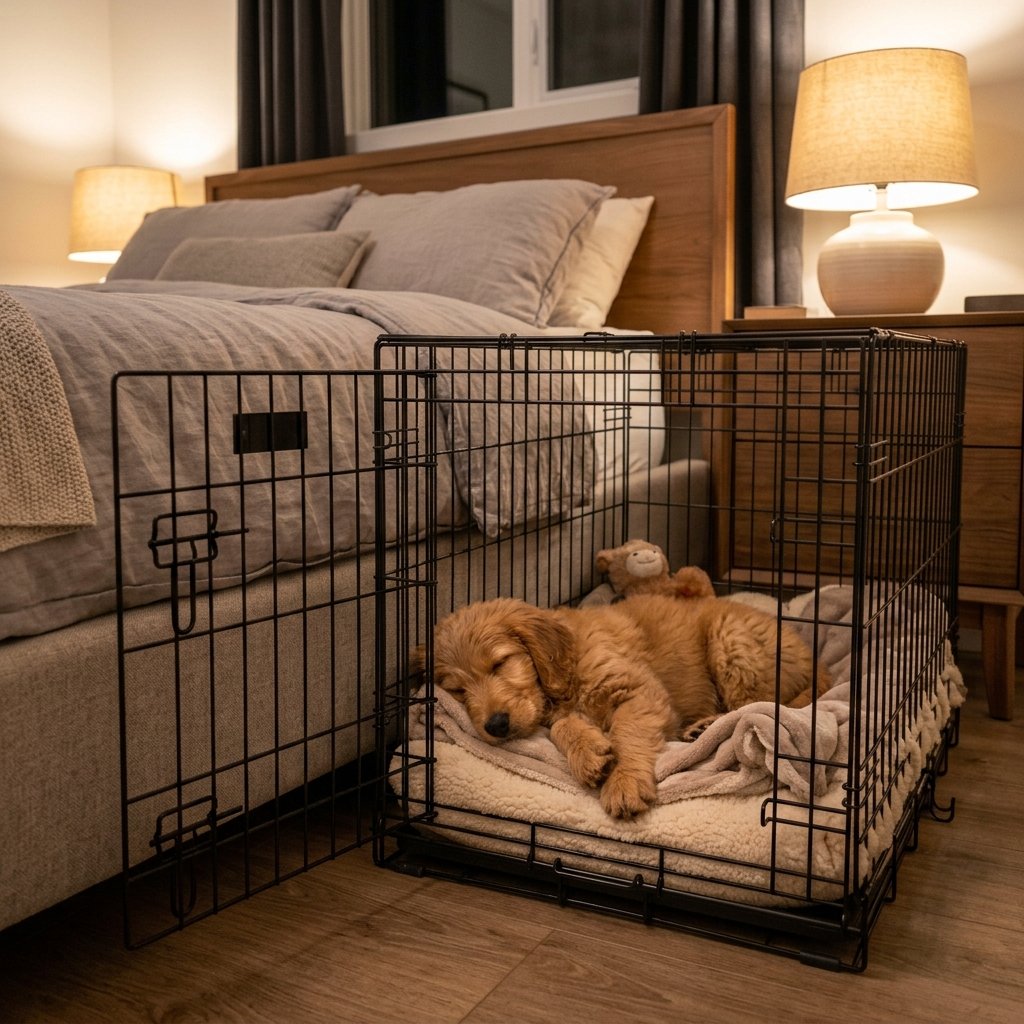 Dog Sleeping in Crate at Night​