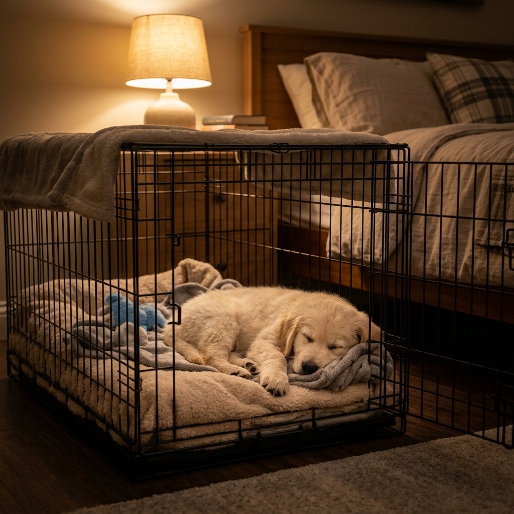 Dog Sleeping in Crate at Night​