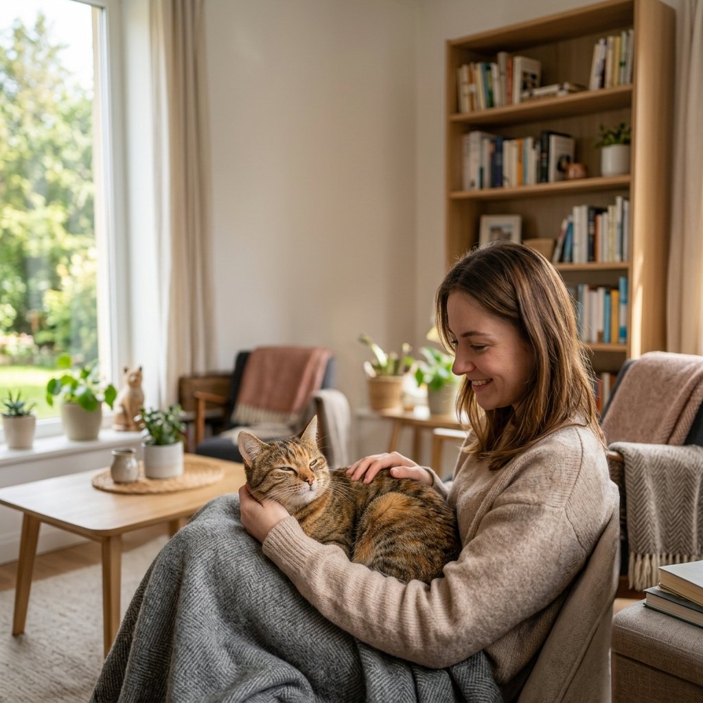 Why does my cat purr: cat relaxing close to its owner
