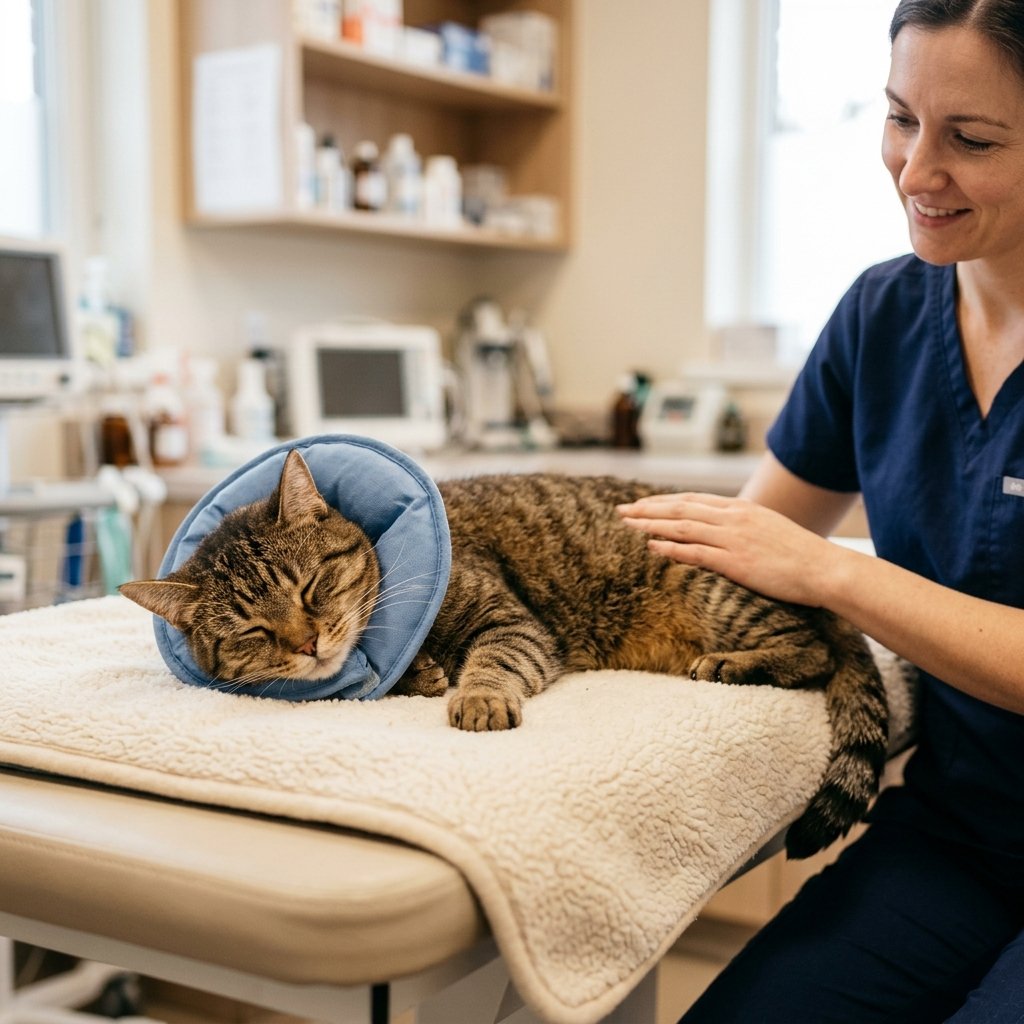 Cat resting quietly in a veterinary clinic