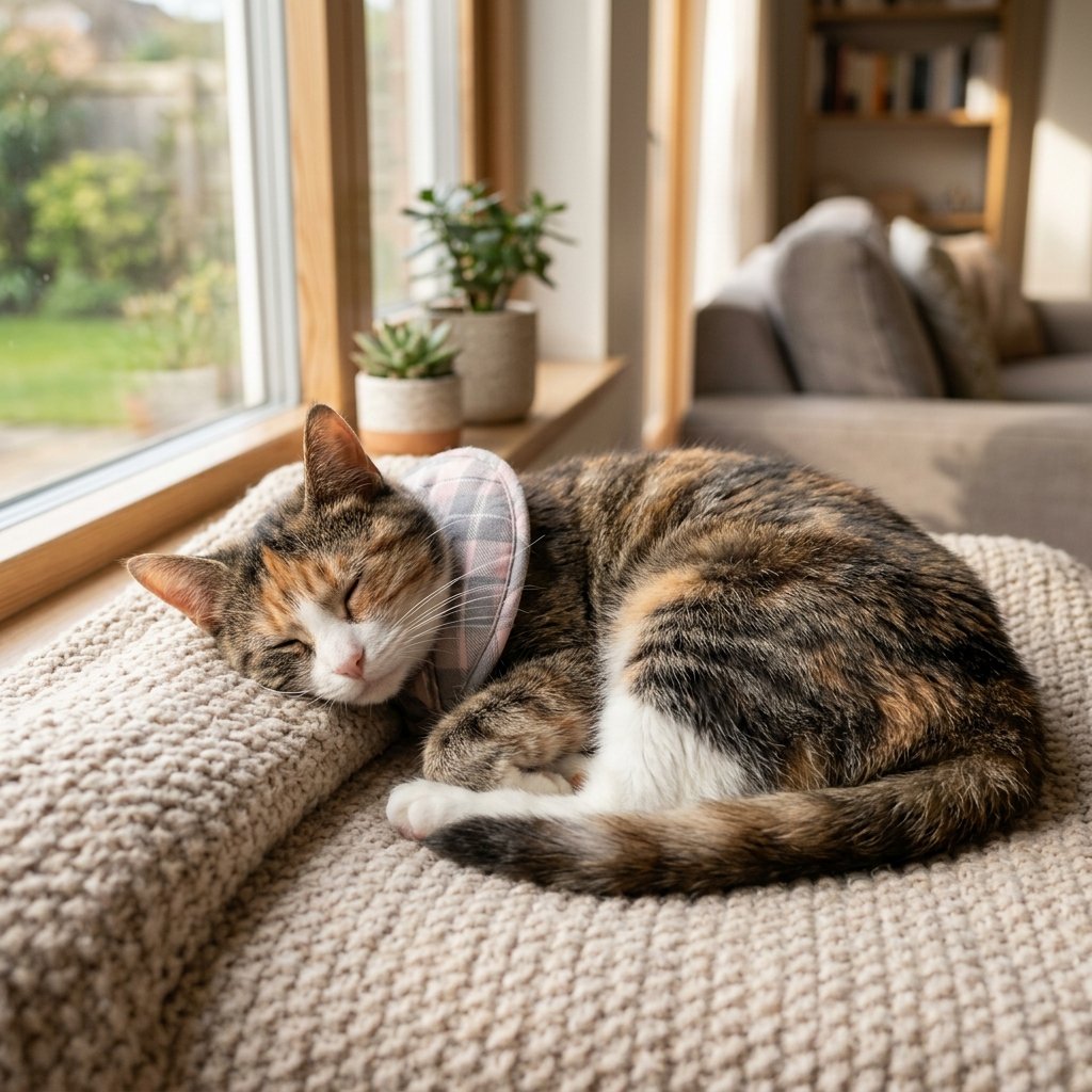 Relaxed cat resting on a soft blanket, a typical setting for a contented purr