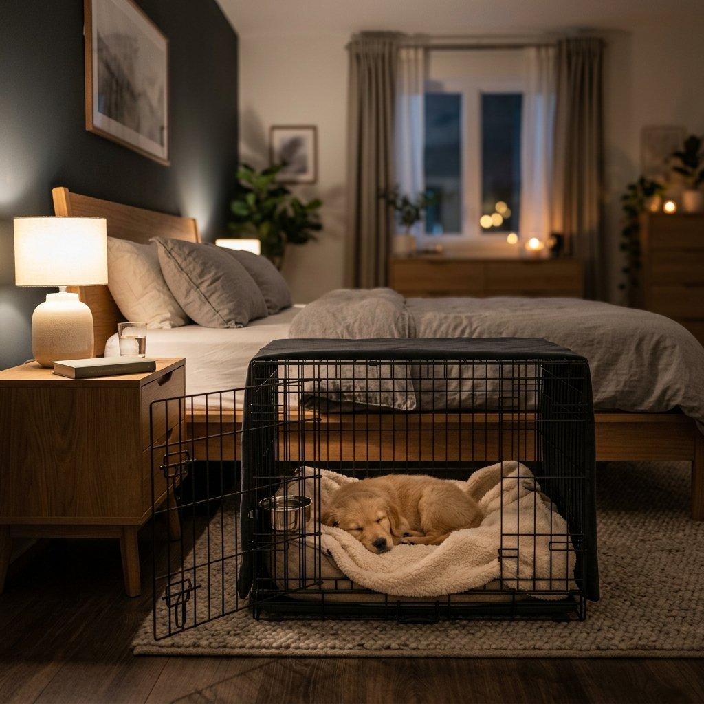 Dog Sleeping in Crate at Night​