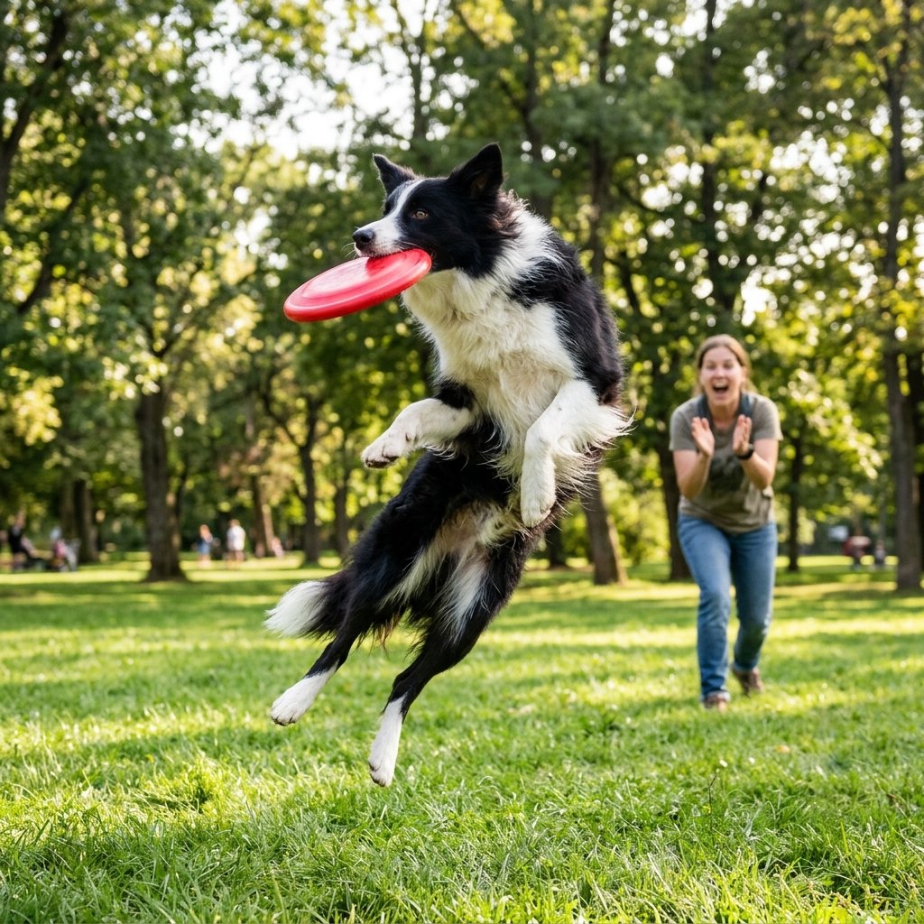 Border collie catching a frisbee as a play reward in positive reinforcement training