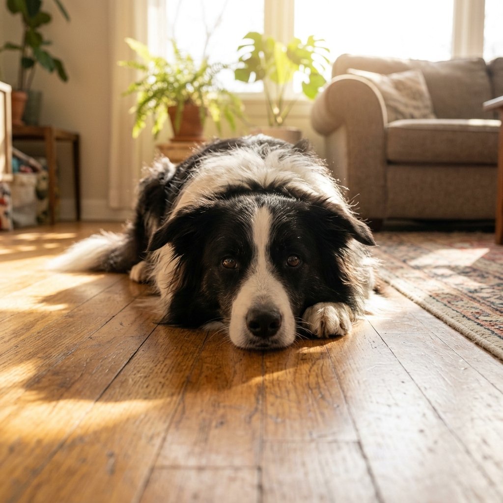 Border collie lying down on the floor on command