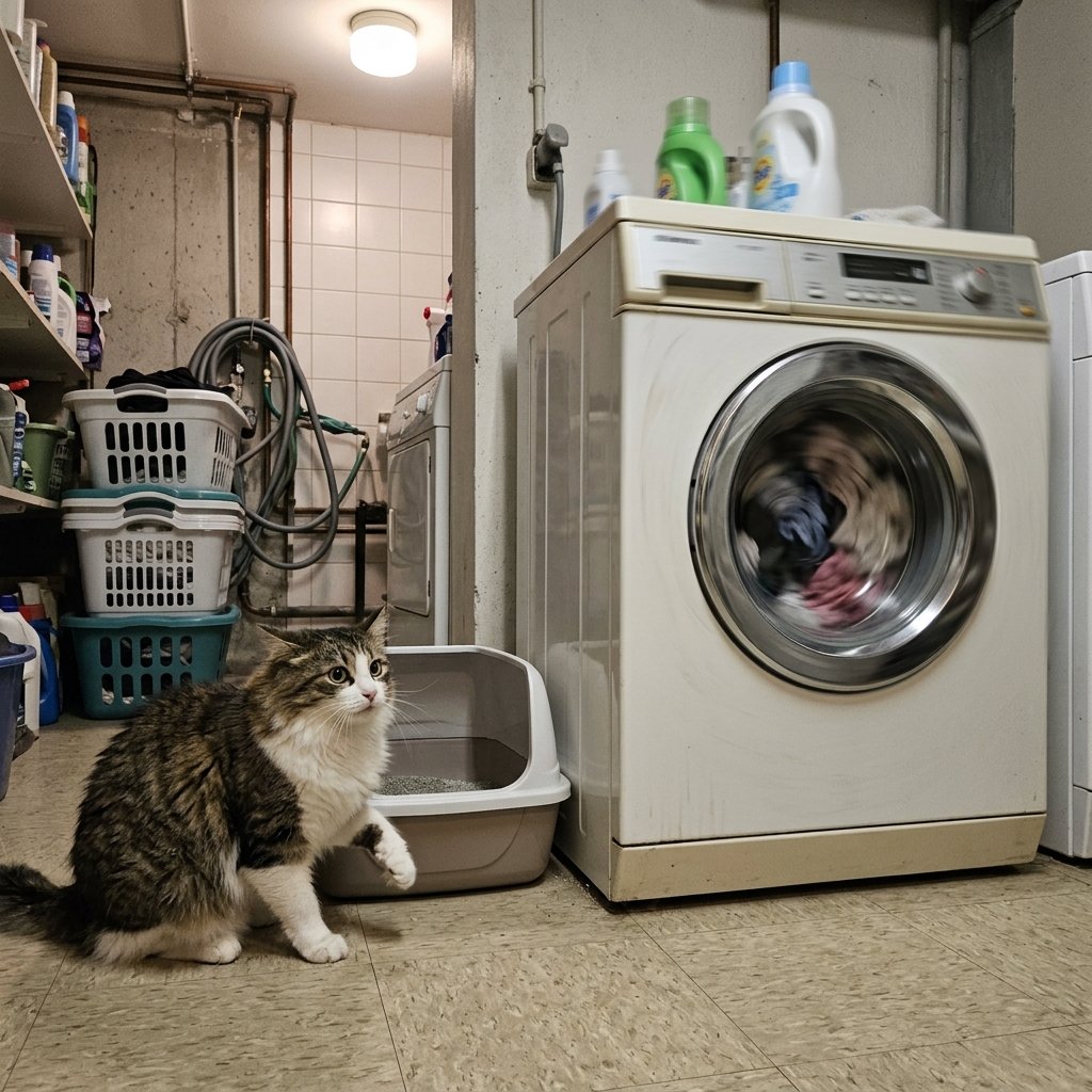 Cat hesitating near a litter box, one sign of why a cat is peeing outside the litter box