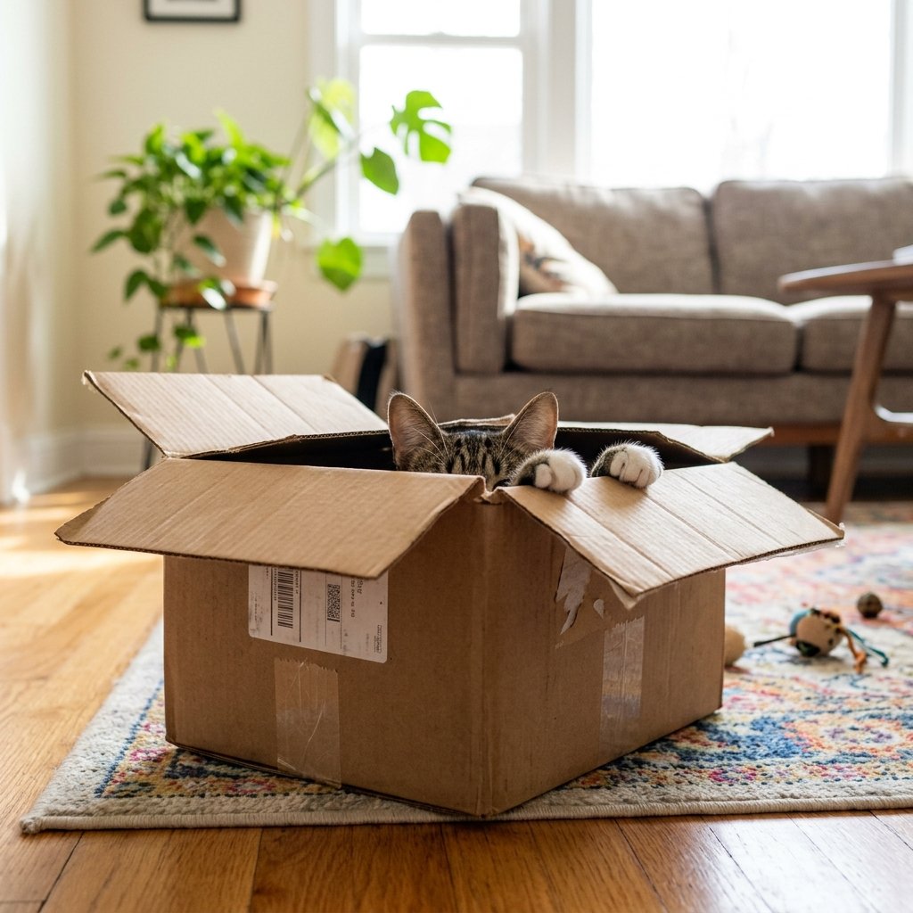Cat hiding in a cardboard box, a safe spot that helps cats feel secure
