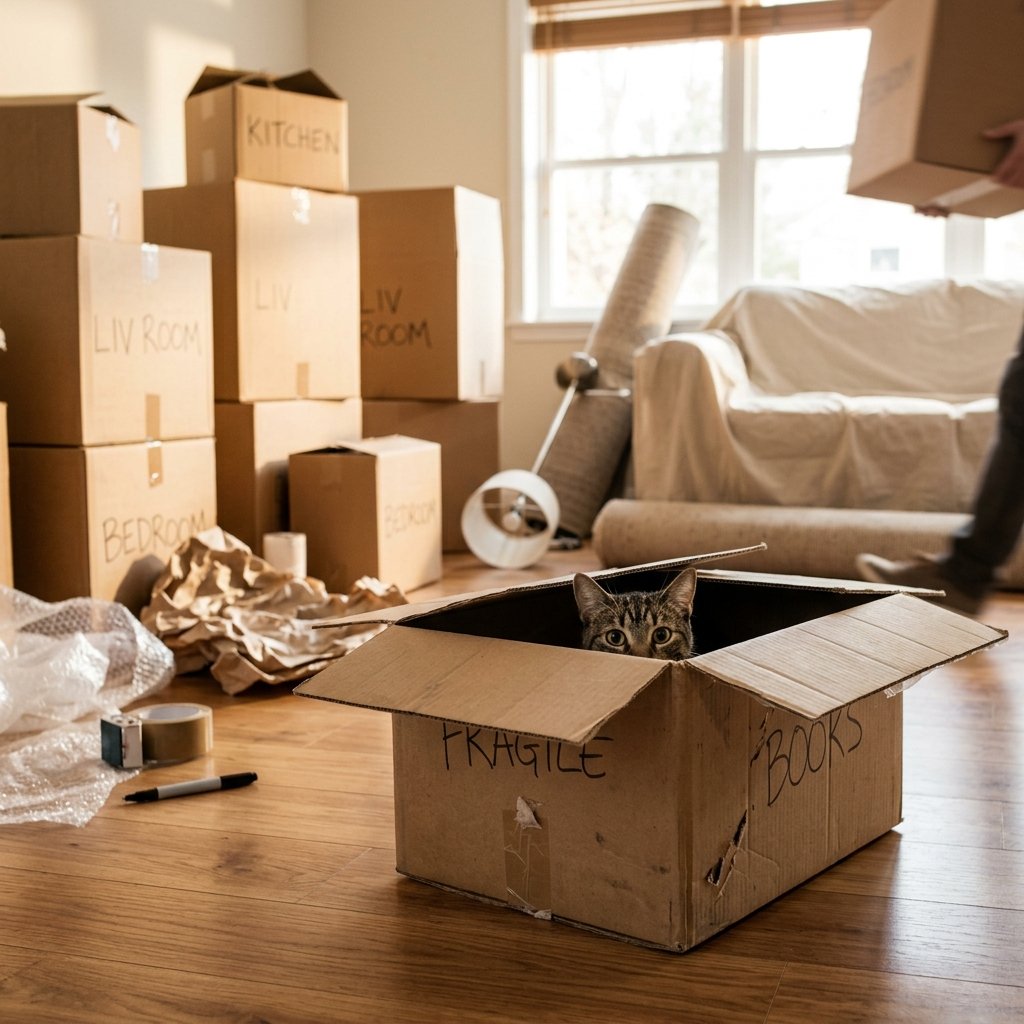 Cat hiding in a cardboard box, a small space where a cat hiding for days may be found