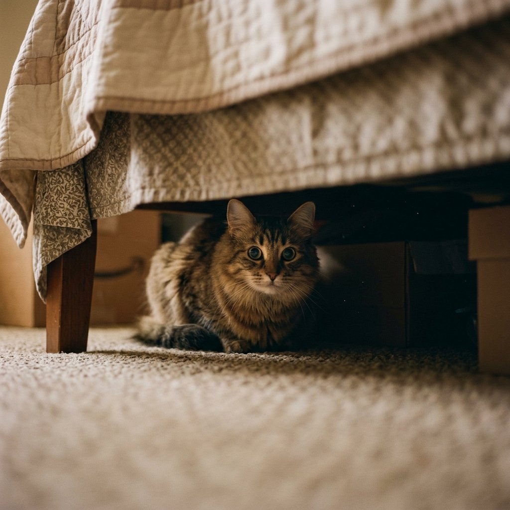 Why does my cat hide: cat hiding under a bed
