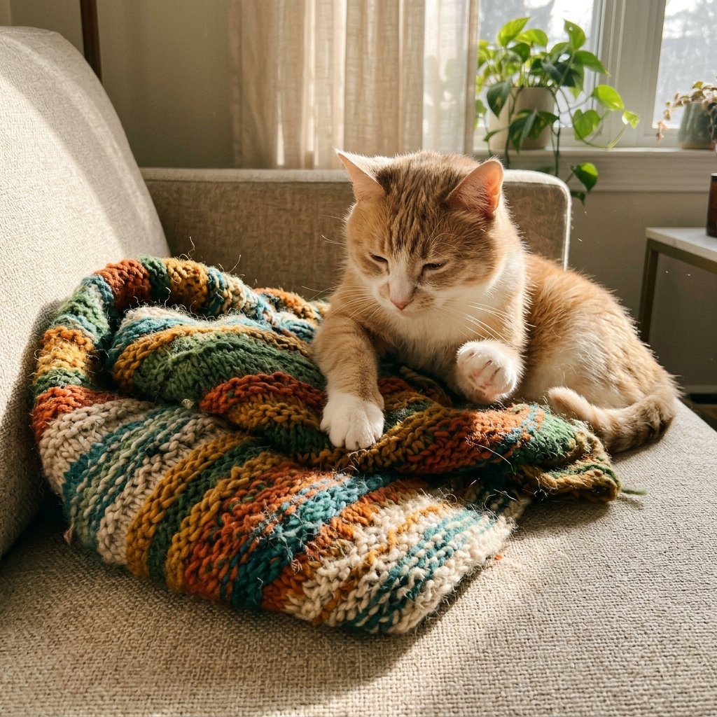 Cat kneading a blanket on a sofa while relaxed, showing that suckling is often a sign of comfort