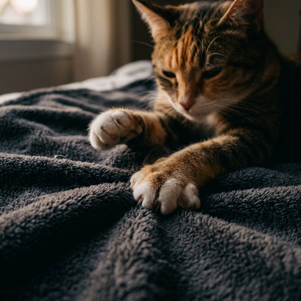 Cat kneading a fleece blanket, a self-soothing habit often linked to why does my cat suckle blankets