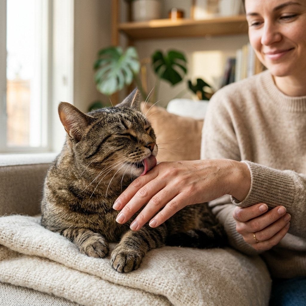 Cat licking its owner's hand, another sign of affection that often comes with kneading