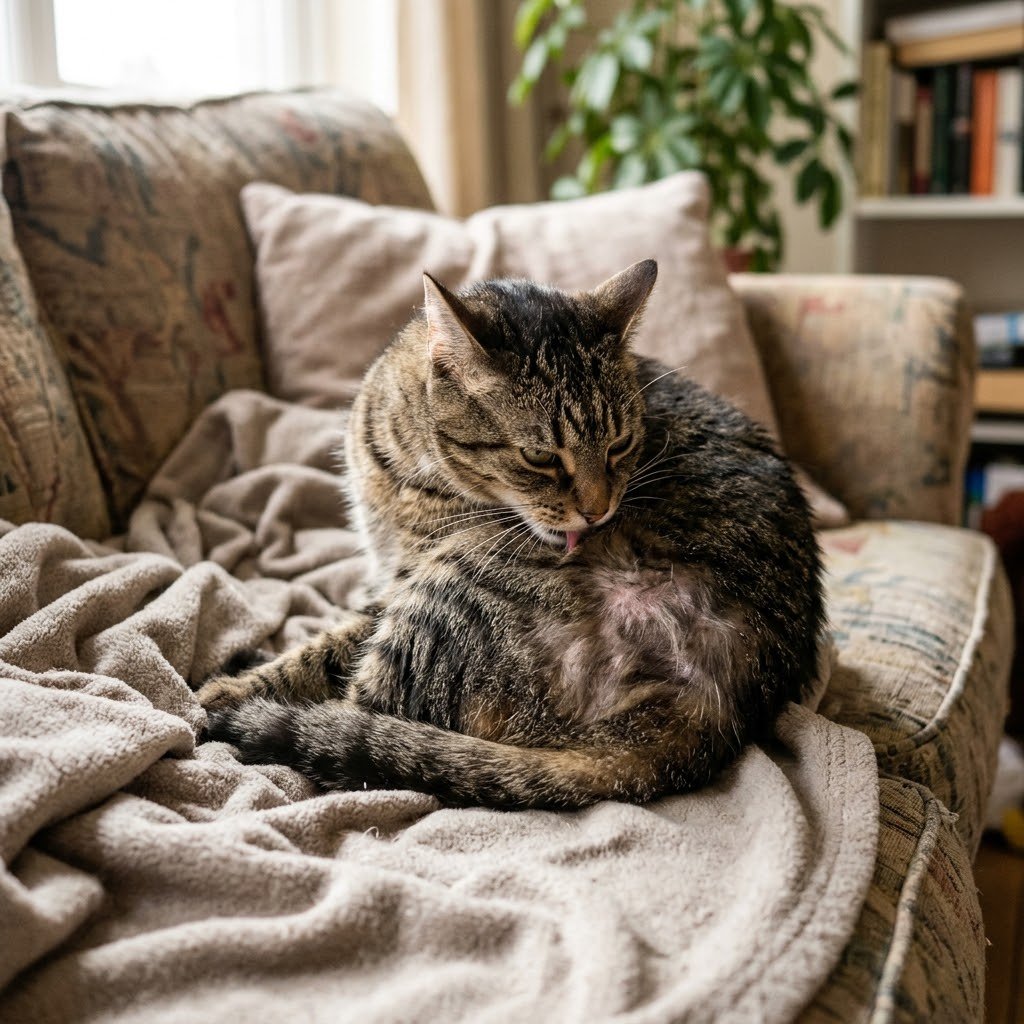 Cat over-grooming its fur, a sign your cat is stressed
