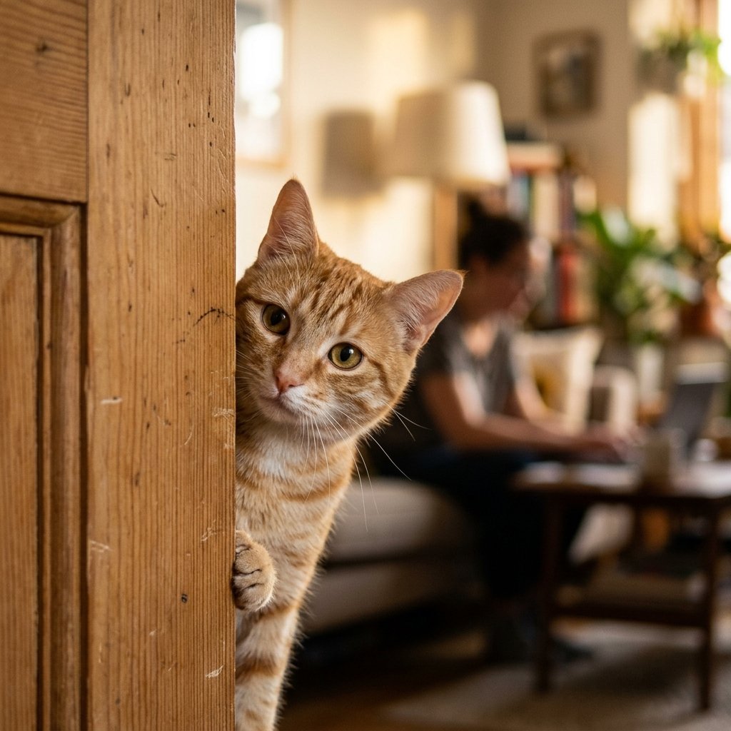 Cat peeking around a door frame to see where its owner is