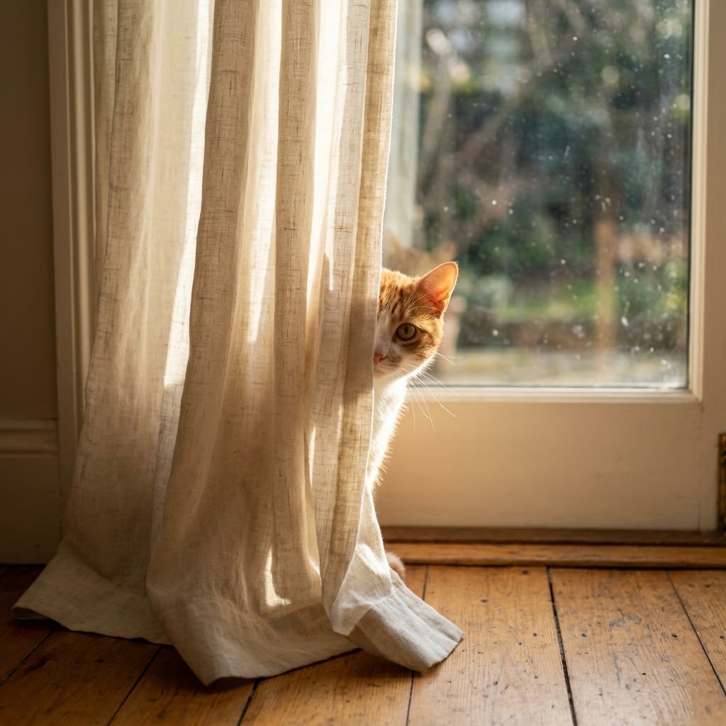 Cat peeking from behind curtains while hiding to watch its surroundings