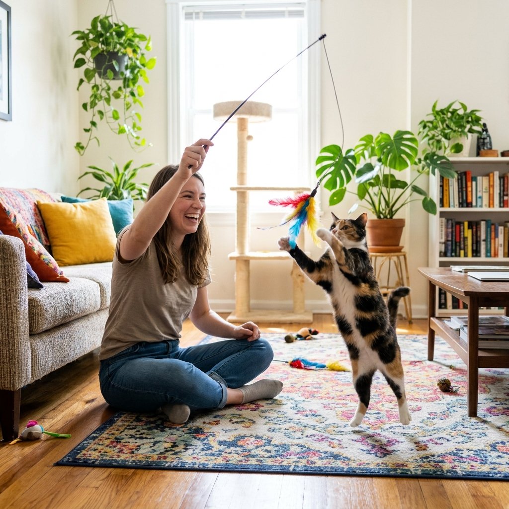 Cat playing with a feather wand, a good way to stop a cat from biting hands