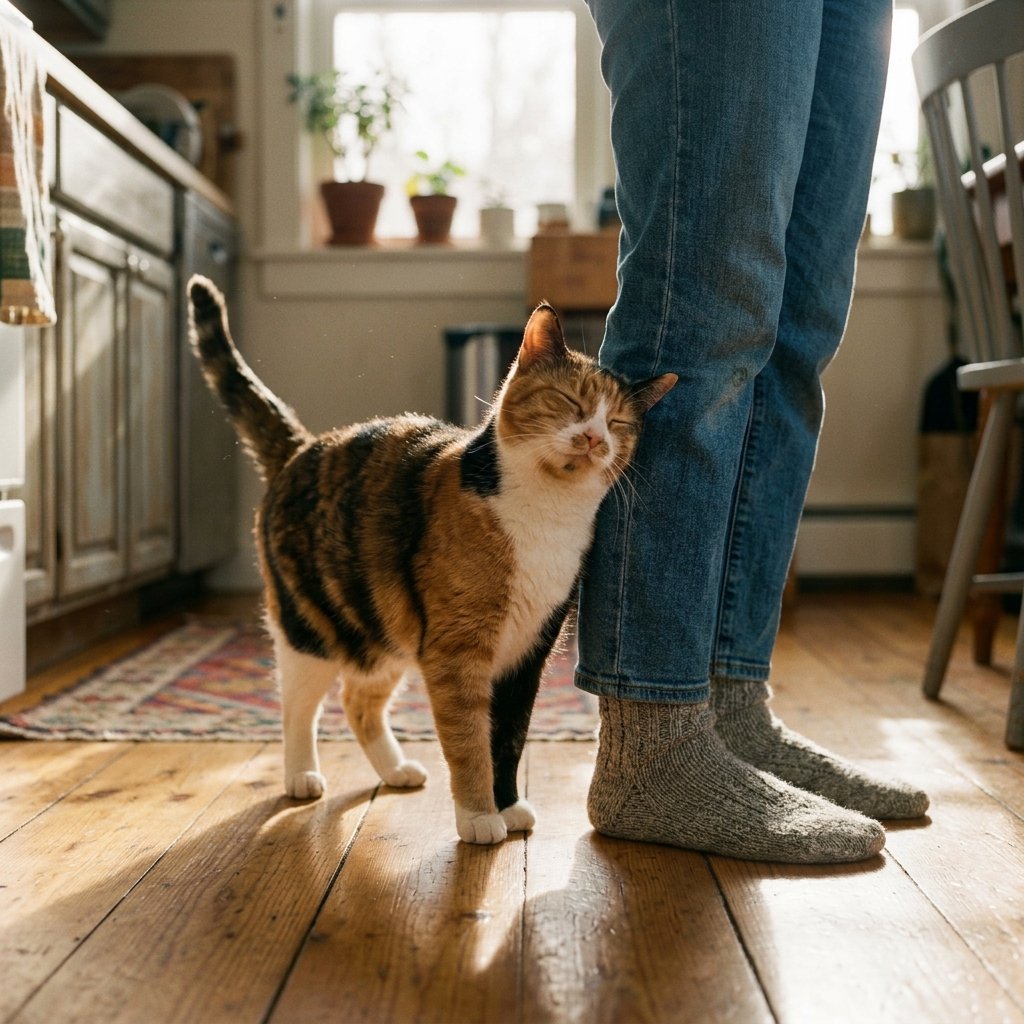 Cat rubbing against a person's legs to mark with scent