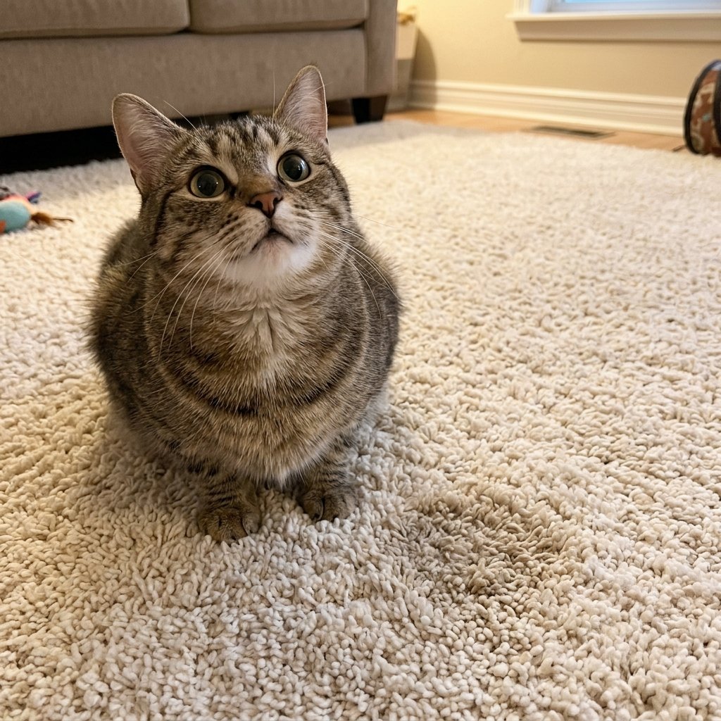 Cat sitting on a rug, a spot where a cat peeing outside the litter box may have had accidents