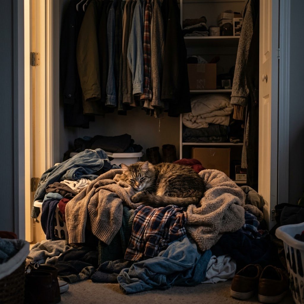 Cat sleeping in a laundry closet, one reason why a cat hides