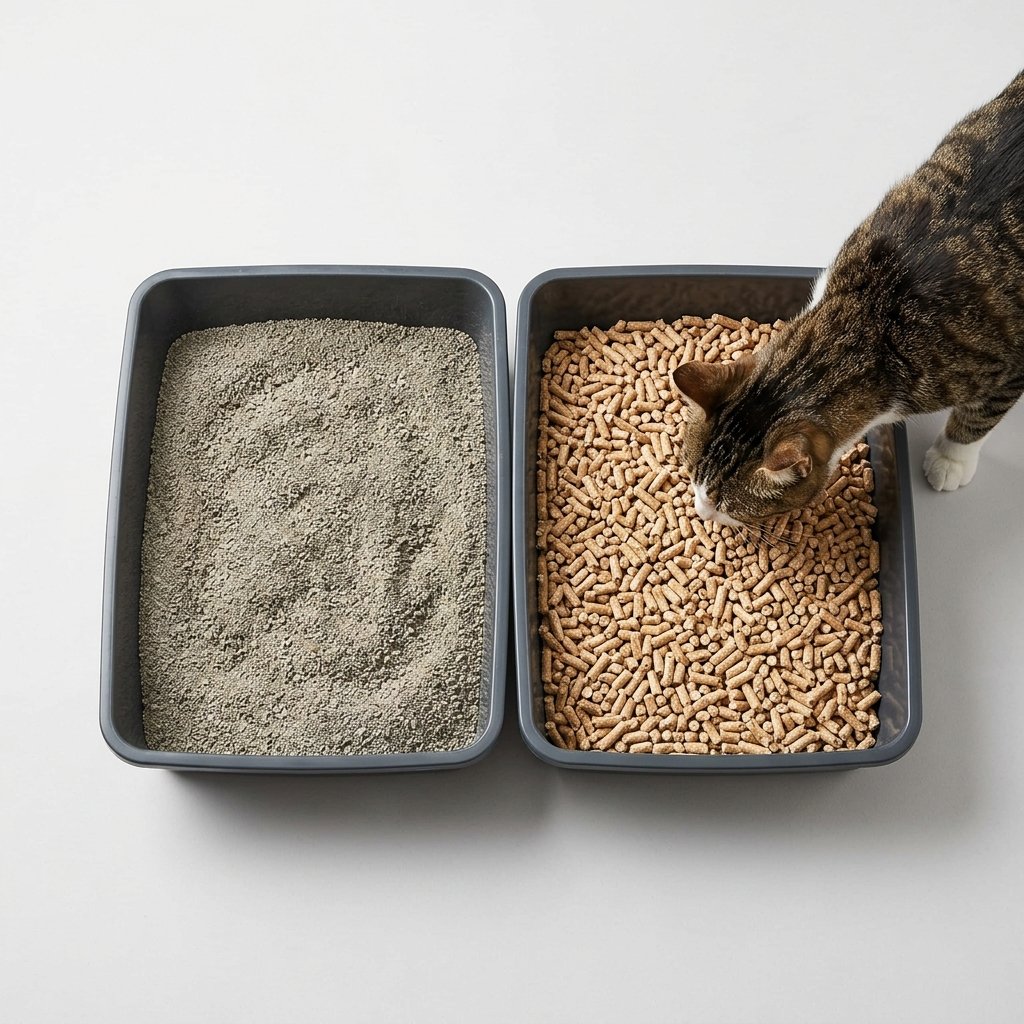 Cat sniffing a litter tray, checking whether it is clean enough to use