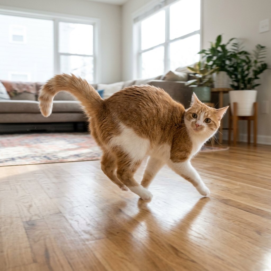 Cat sprinting across the floor in a burst of play