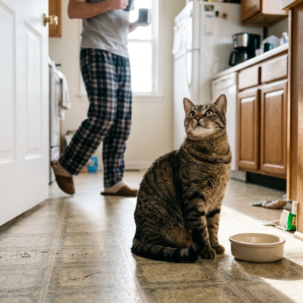Cat waiting by a food bowl, one reason why does my cat follow me everywhere