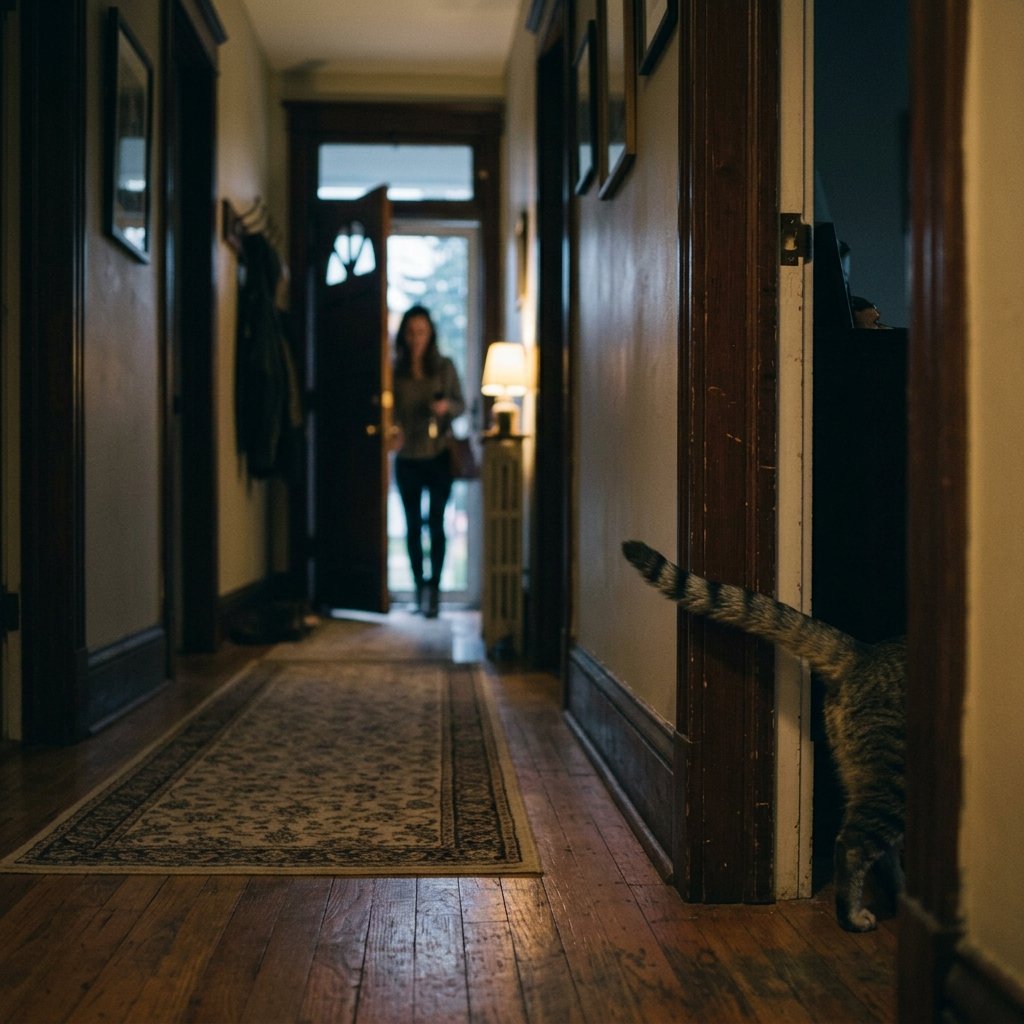 Cat walking calmly into a room, showing relaxed body language