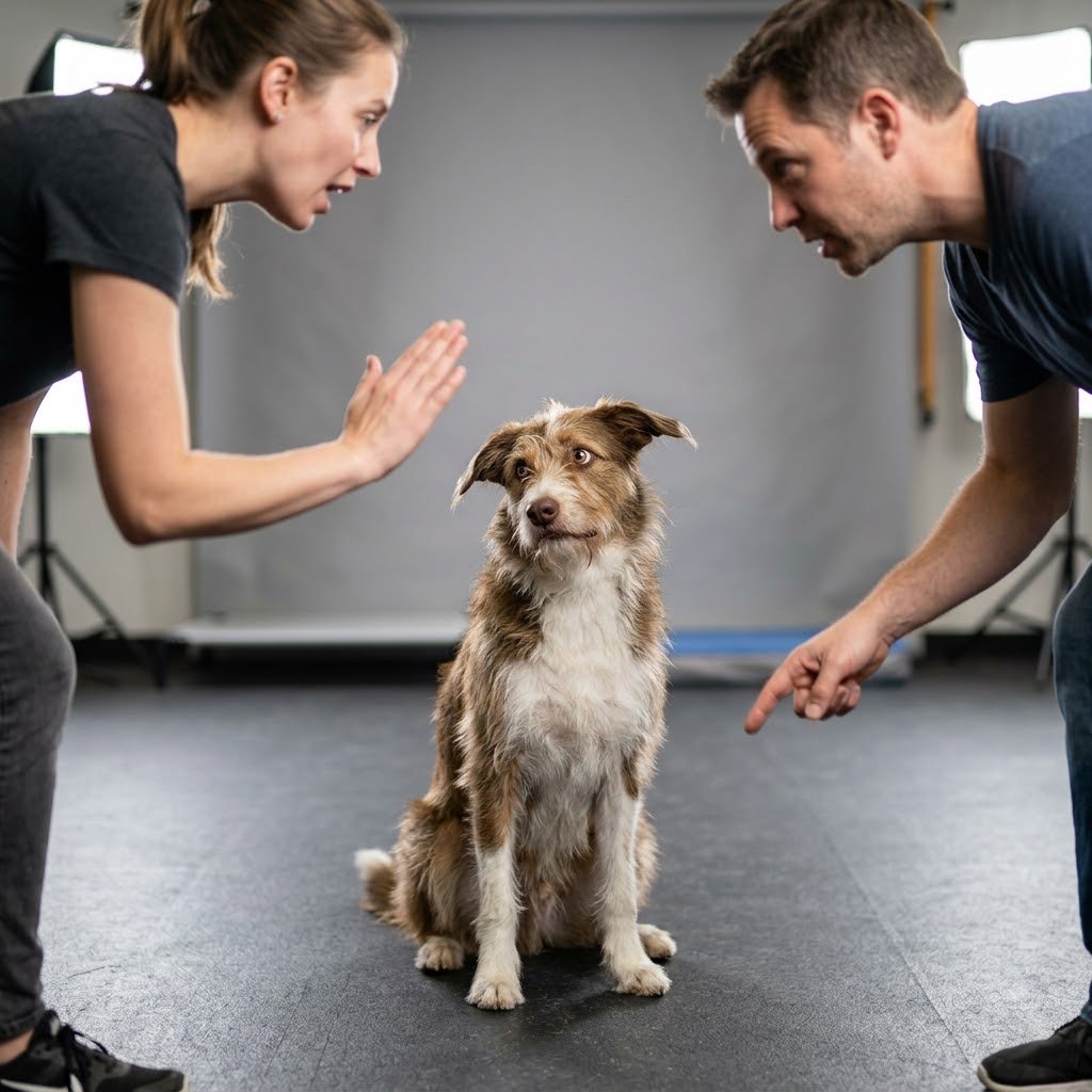 Confused dog receiving conflicting commands from different family members