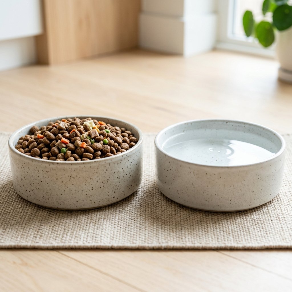 Dog food and water bowls on the floor