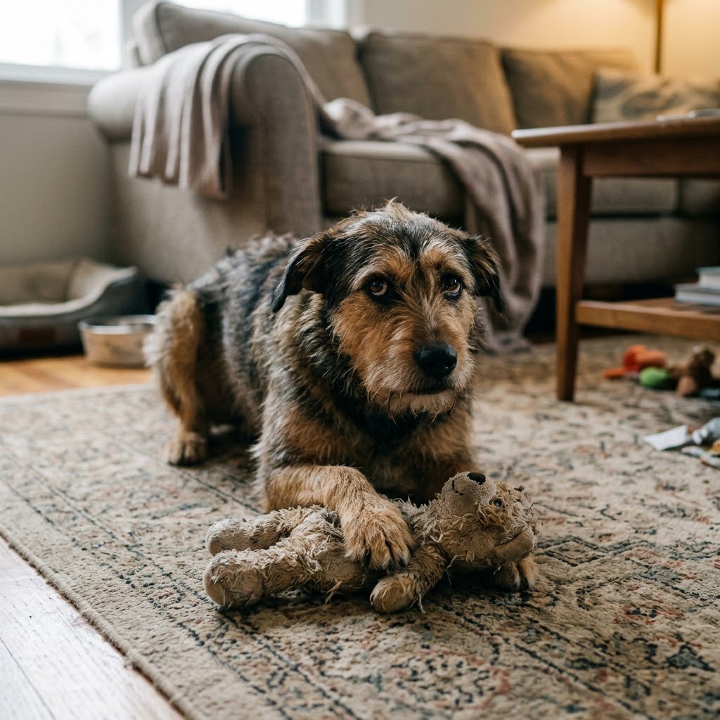 Dog guarding a toy and growling when approached