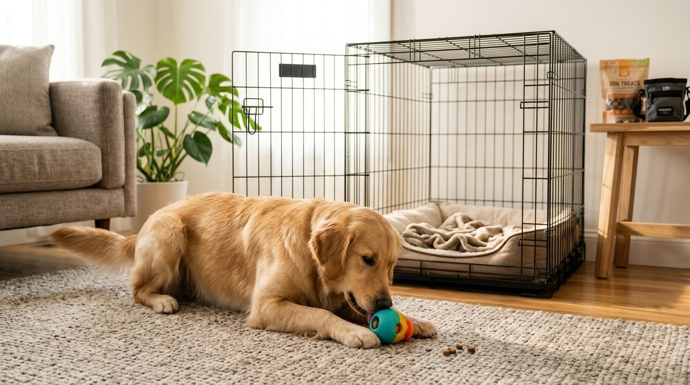 Dog enjoying a toy during crate training
