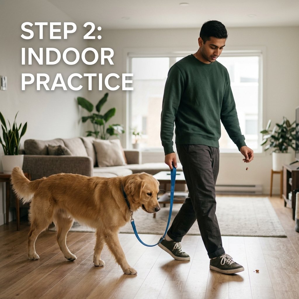 Dog leash training indoors at home
