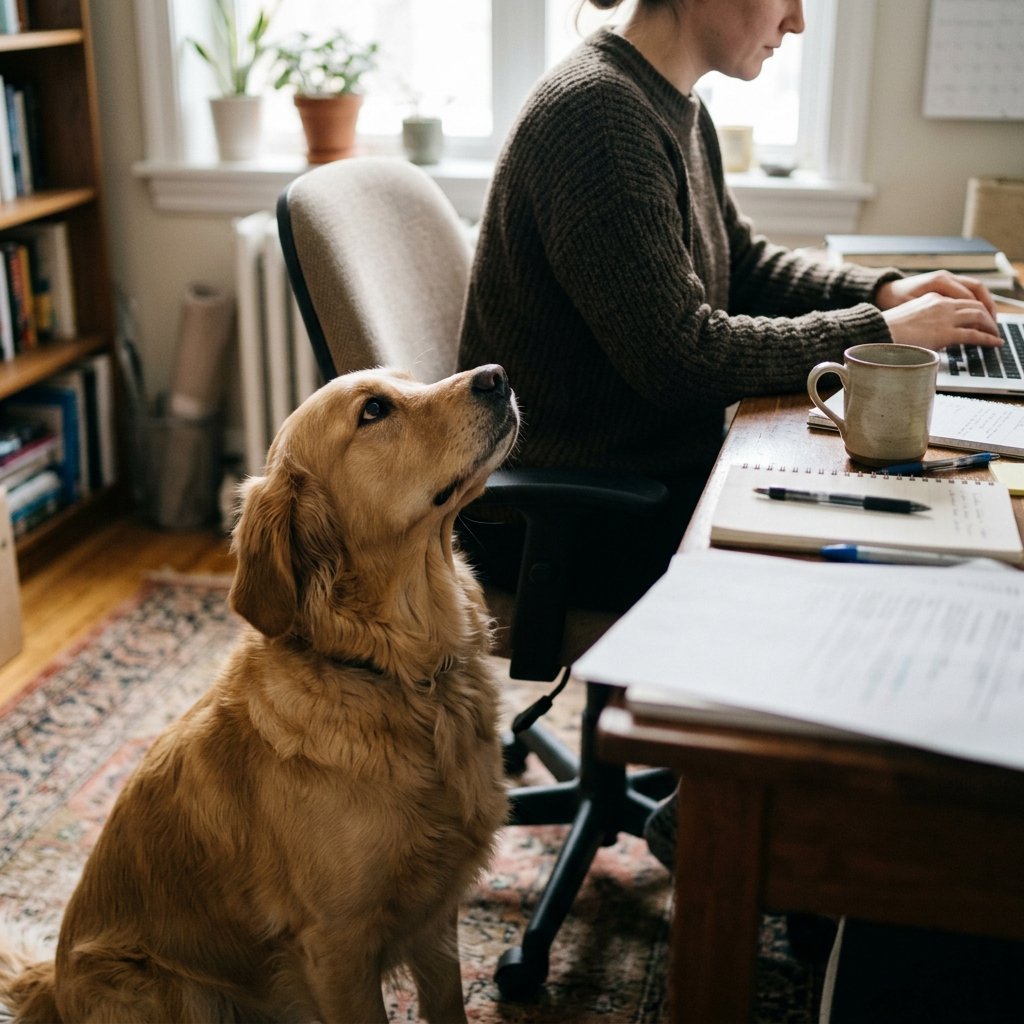 Dog looking at its owner who is working, a reason why does my dog follow me everywhere