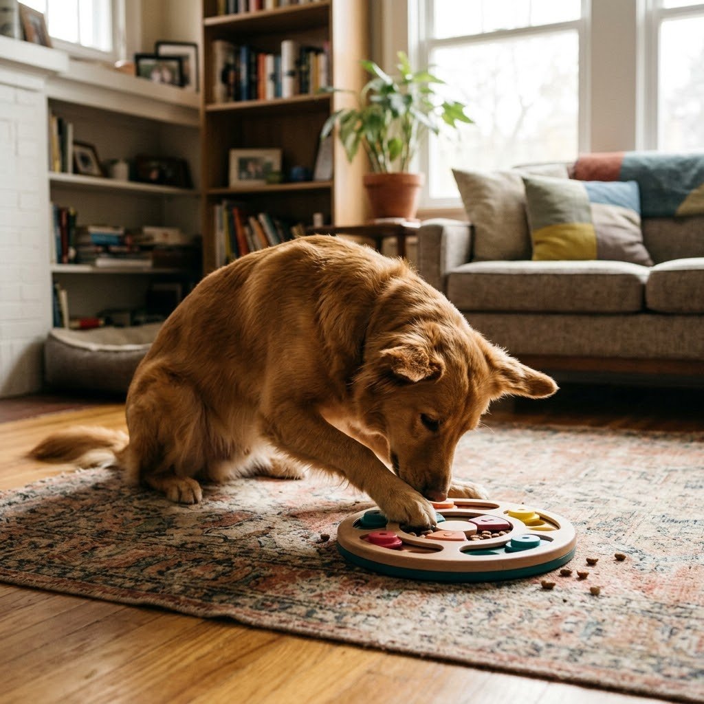 Dog playing with a puzzle toy to prevent boredom barking