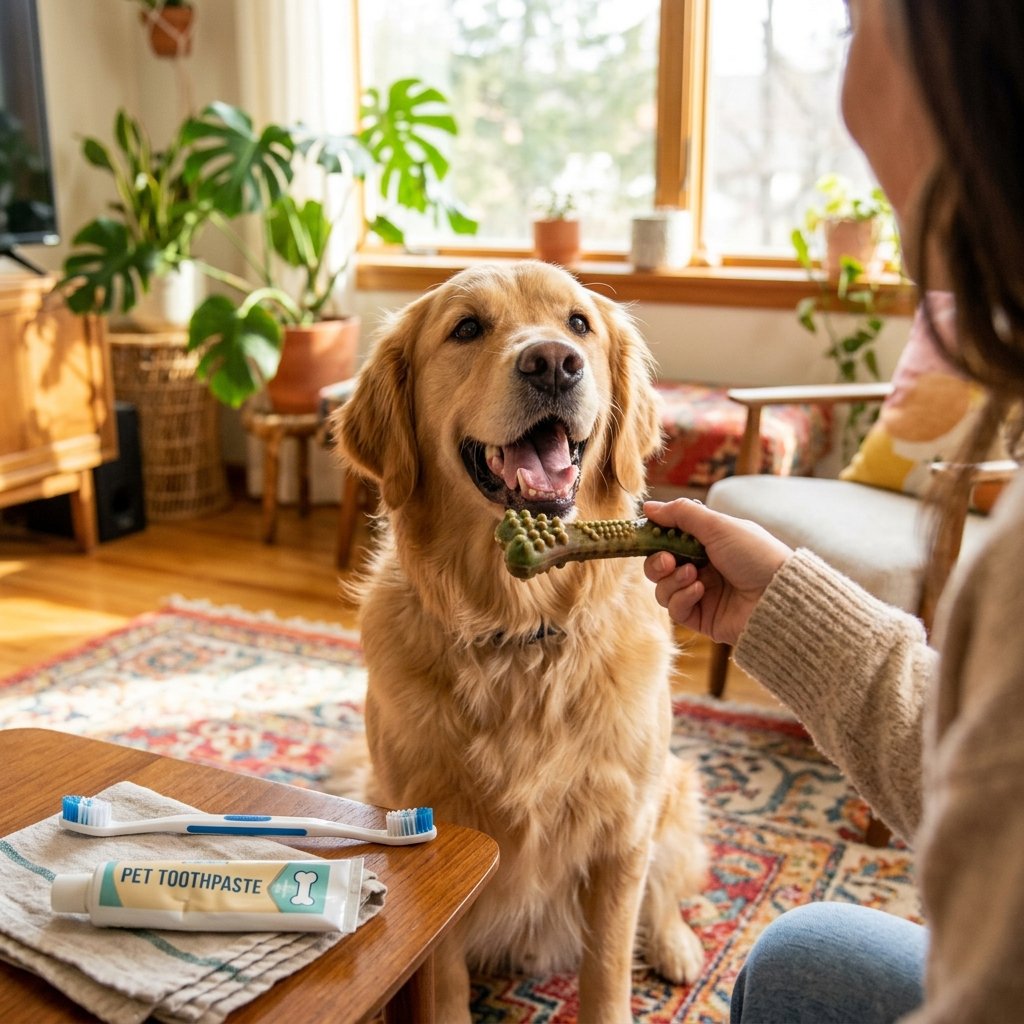 Dog receiving a dental chew toy as an addition to brushing a dog's teeth