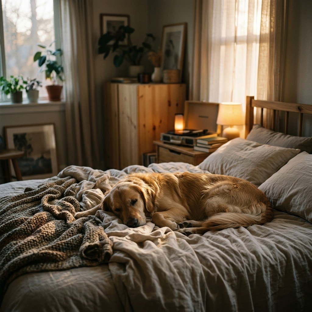 Dog relaxing on a bed at night to stop night-time barking