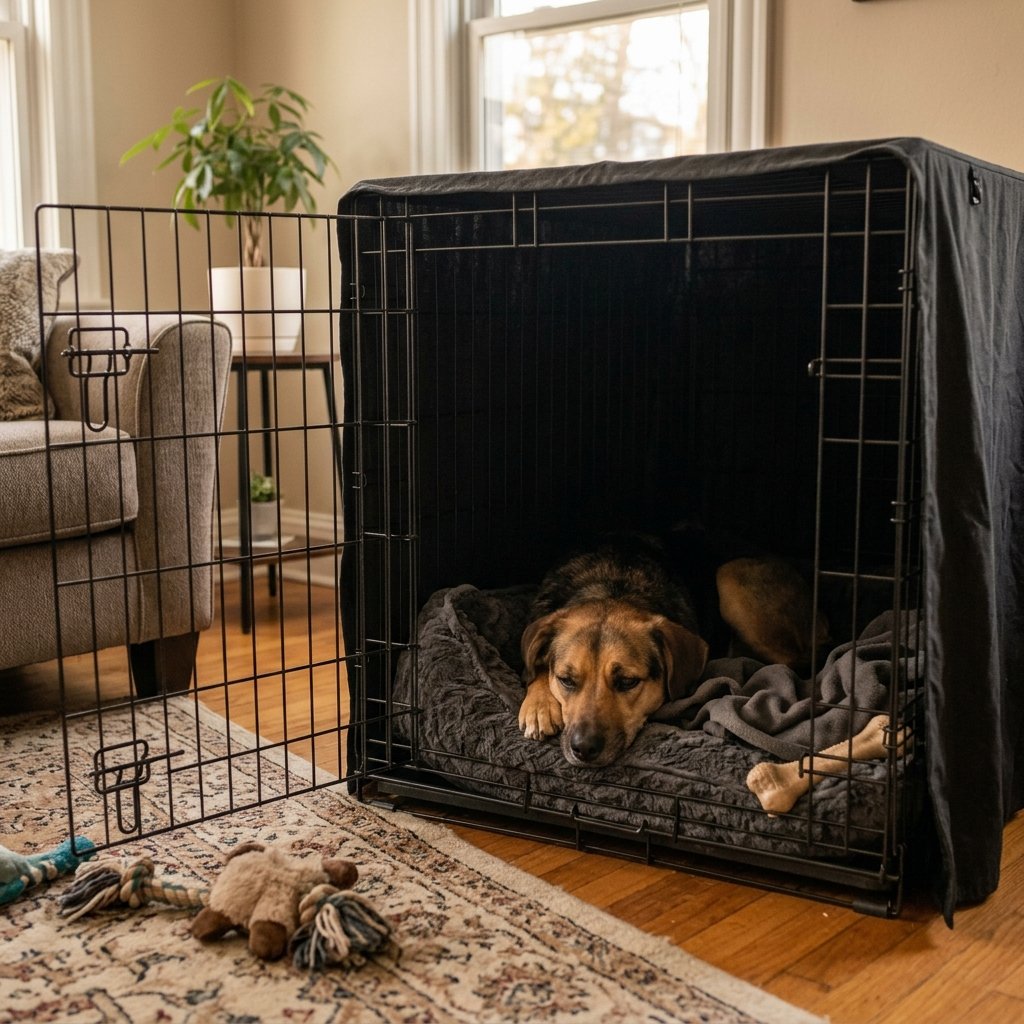 Dog resting in a crate, because an overtired puppy bites more when learning how to stop a dog from biting