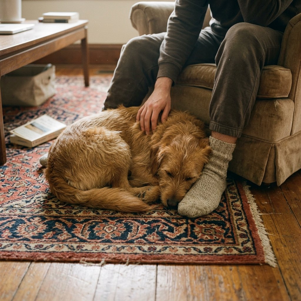 Dog resting on a rug near its owner, showing a bond that explains why does my dog follow me everywhere