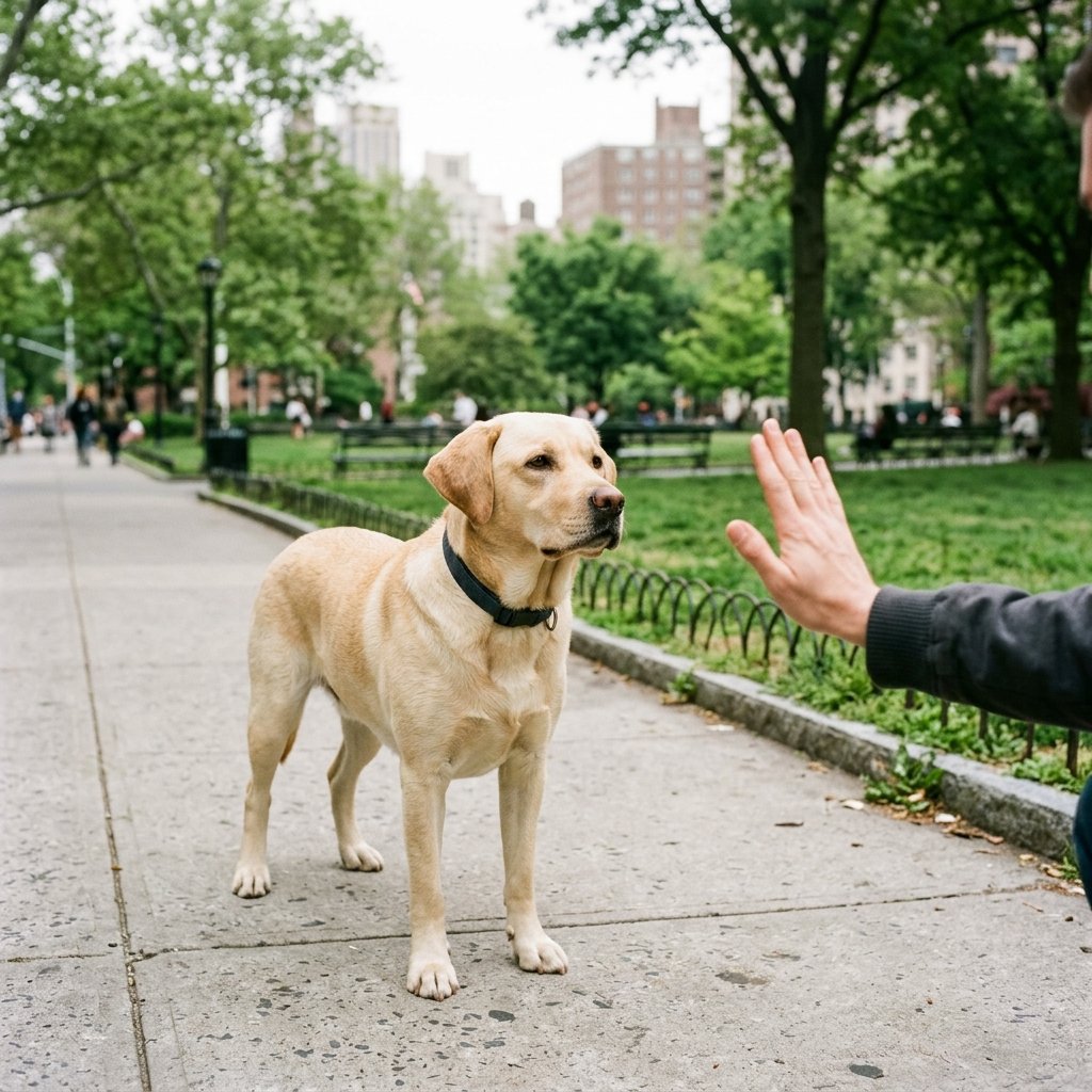 Dog staying calmly on a sidewalk during training
