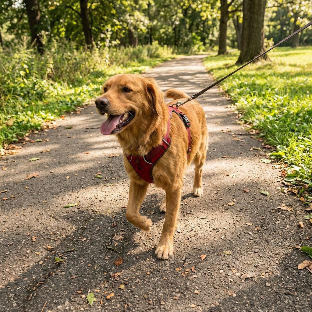 Dog walking calmly on a leash