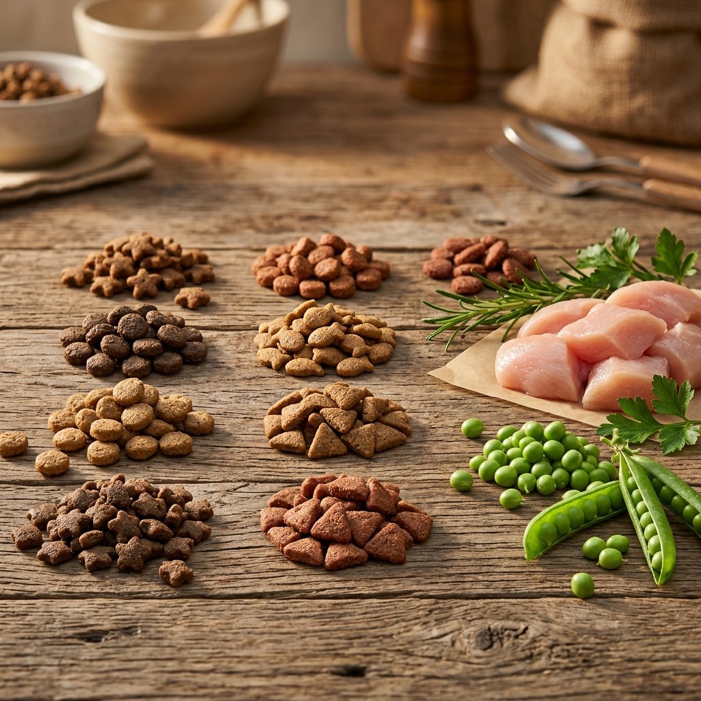 Dry cat food kibble scattered on a wooden surface