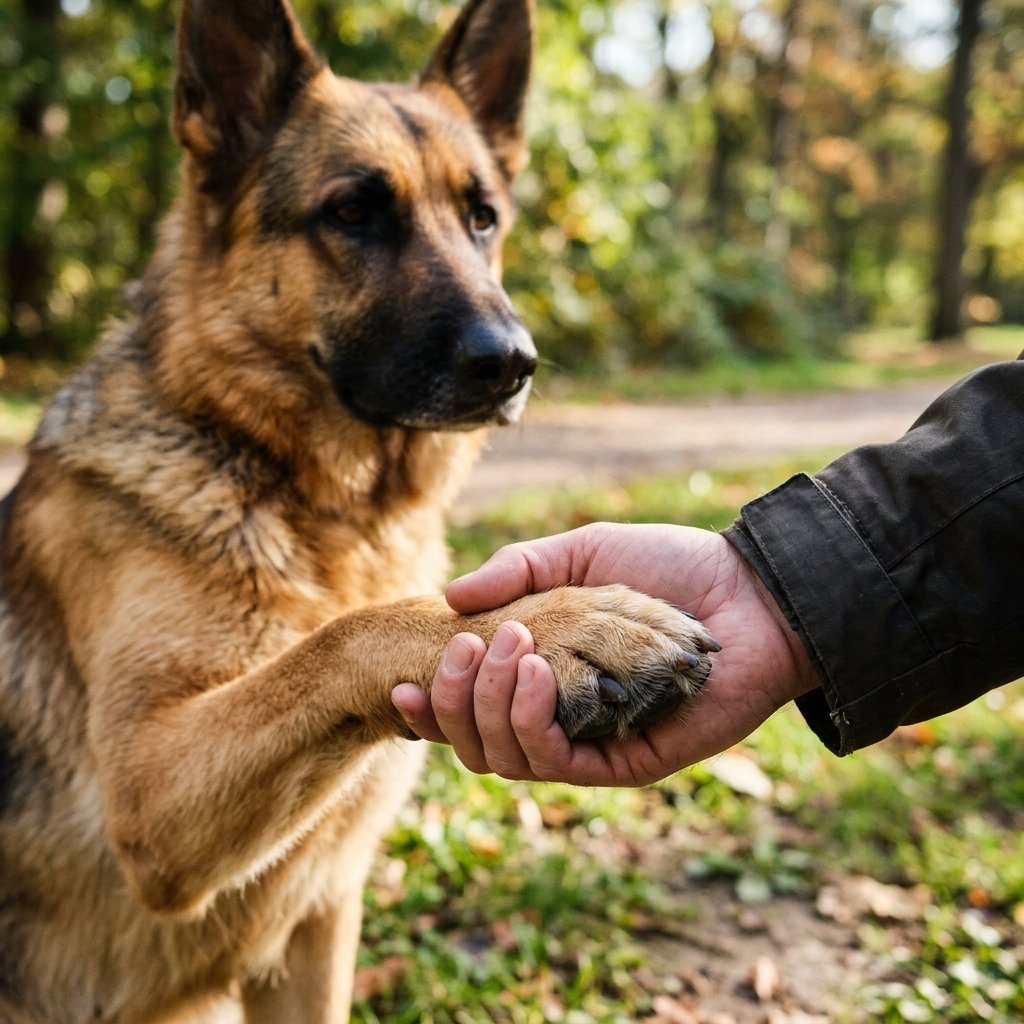 German Shepherd shaking hands with a person