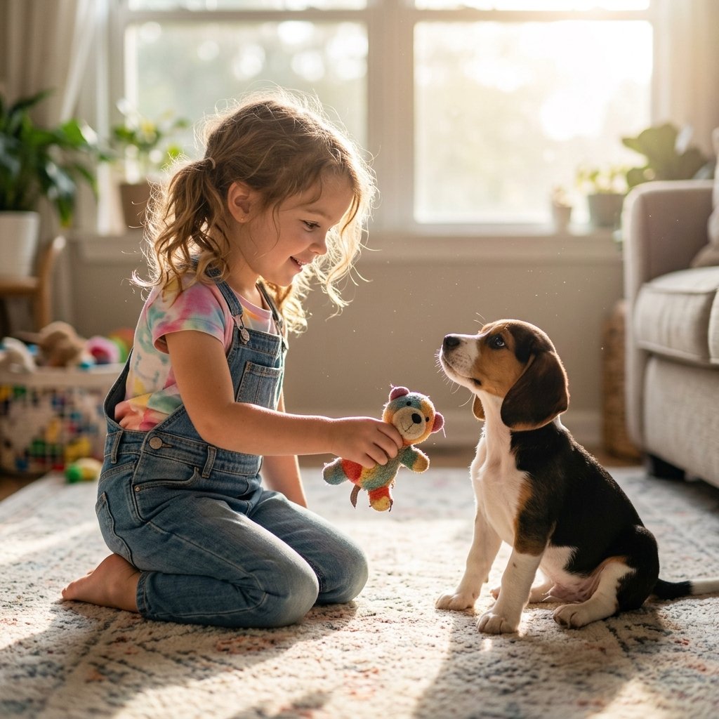 Girl giving a toy to a puppy as a reward in positive reinforcement dog training