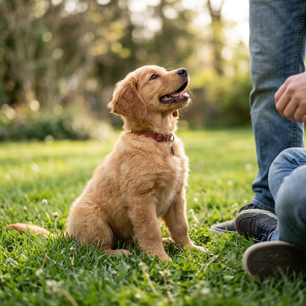 Golden retriever puppy sitting calmly while learning basic dog commands