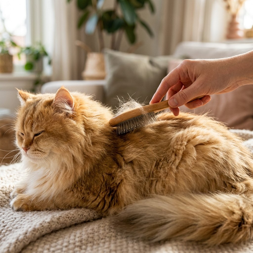 Hand brushing a cat's fur during grooming
