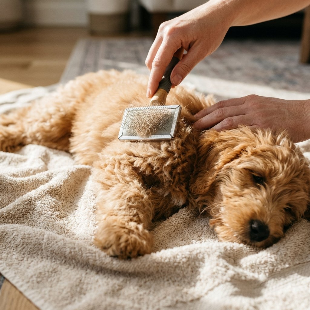 Hands brushing a fluffy puppy as part of puppy care tips for beginners
