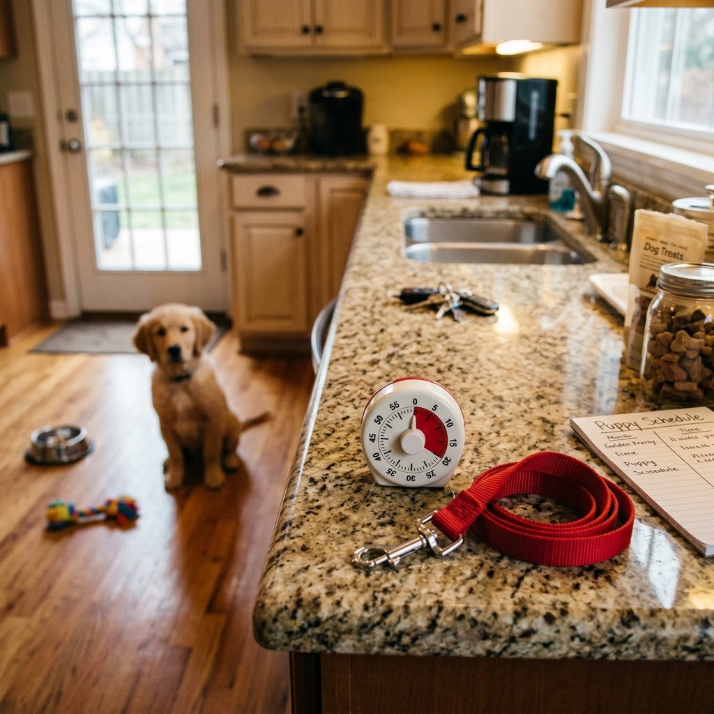 Kitchen timer next to a puppy used to keep a potty schedule