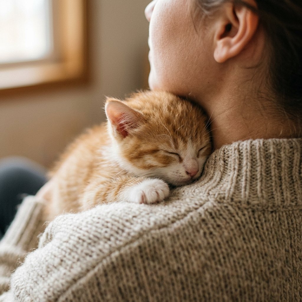 Kitten sleeping on a shoulder, one reason why does my cat sleep on me
