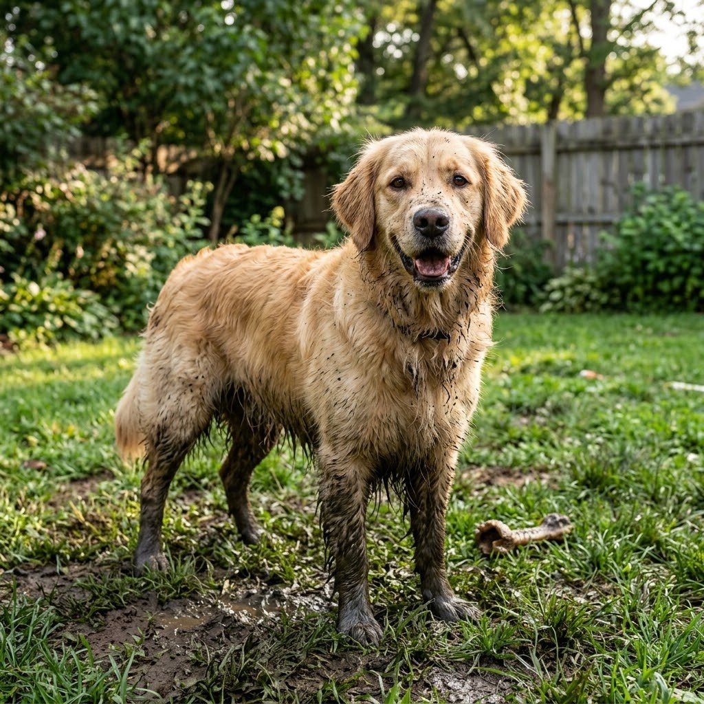 Muddy golden retriever showing it may be time to bathe a dog