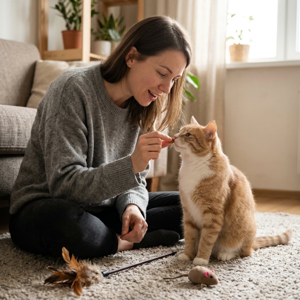Owner rewarding a cat with a treat for gentle behavior to stop a cat from biting