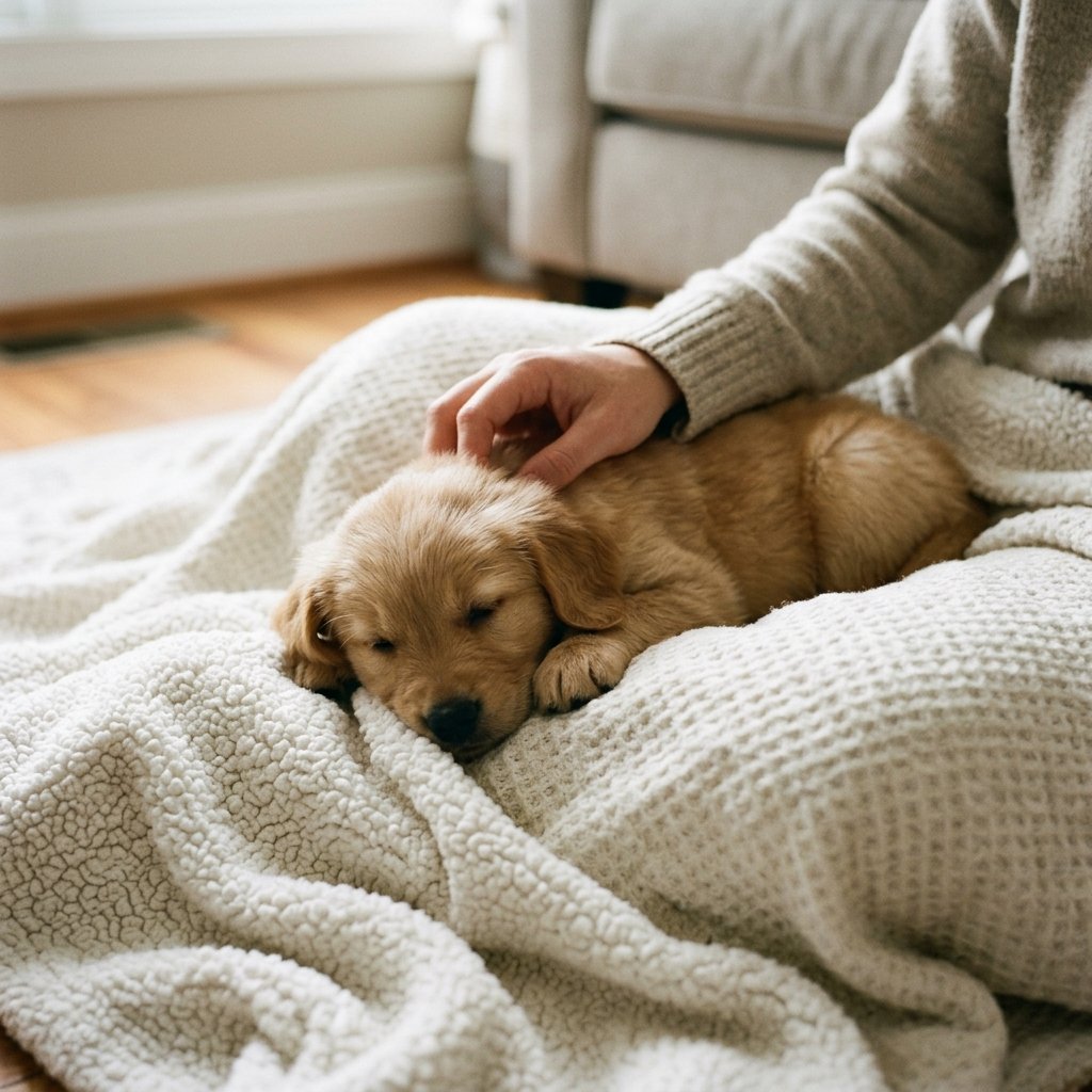 Owner calmly stroking a young puppy to reward calm behavior and show how to calm a hyper puppy